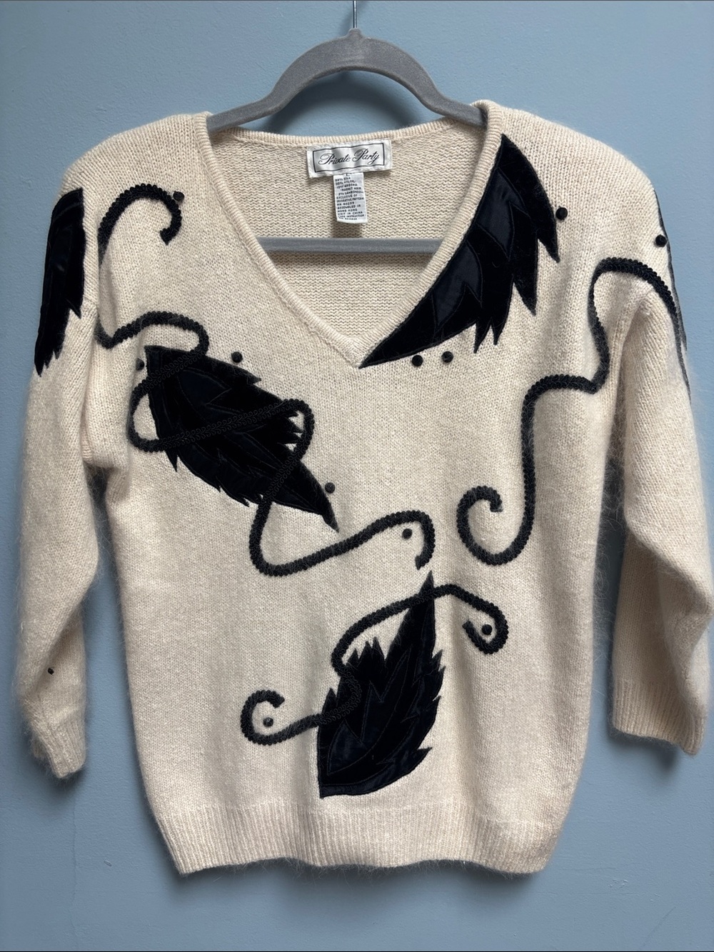 Vintage Private Party Silk Angora Sweater Black Velvet Appliqué
